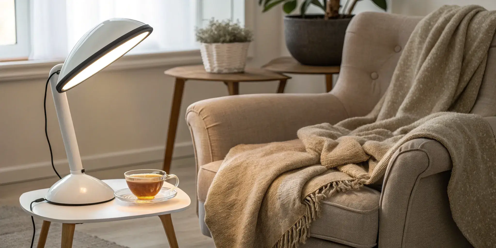 Best at-home phototherapy lamp for psoriasis treatment on a side table.