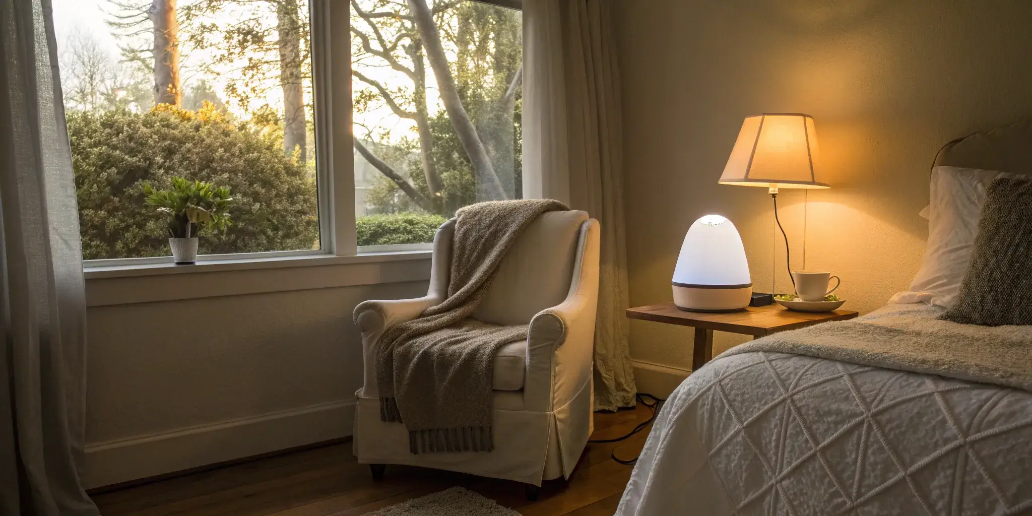 At-home phototherapy device on a nightstand for treating atopic dermatitis.